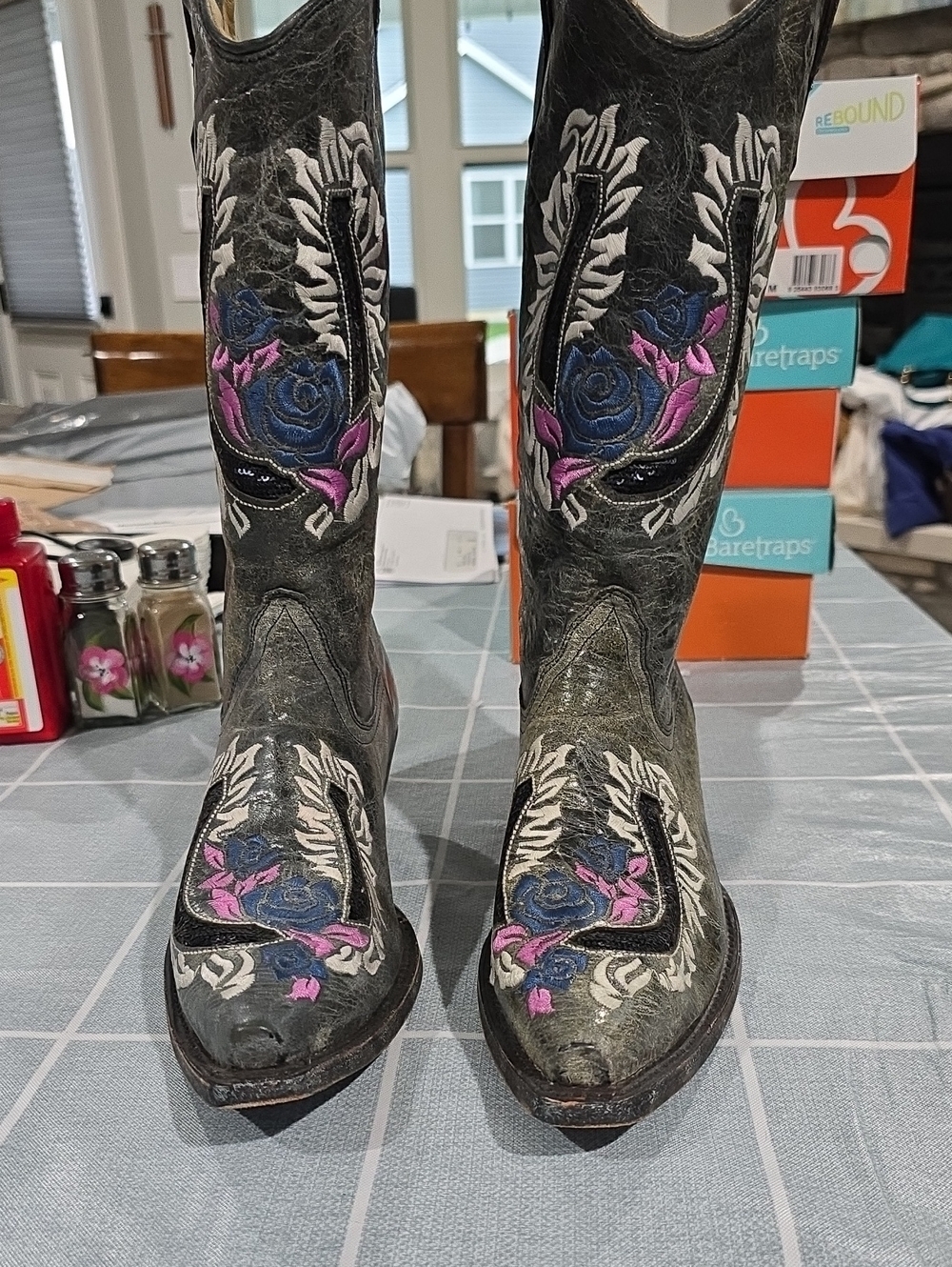 Corral Black Leather Western Boots with Blue and Pink Floral Embroidery Mid Calf